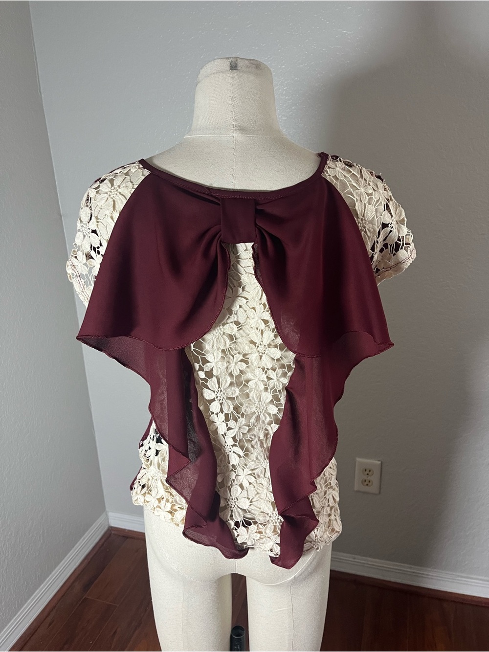 Justify Cream Lace Top with Burgundy Chiffon Back Bow